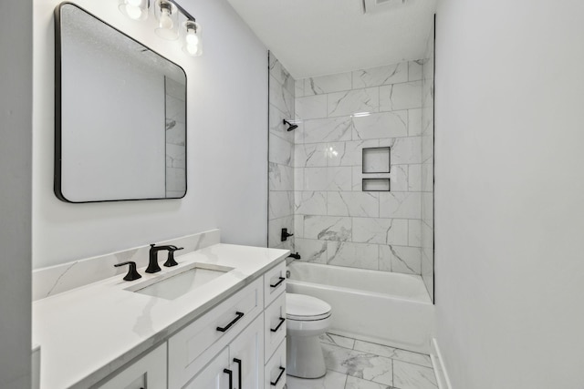 bathroom featuring shower / tub combination, toilet, vanity, baseboards, and marble finish floor