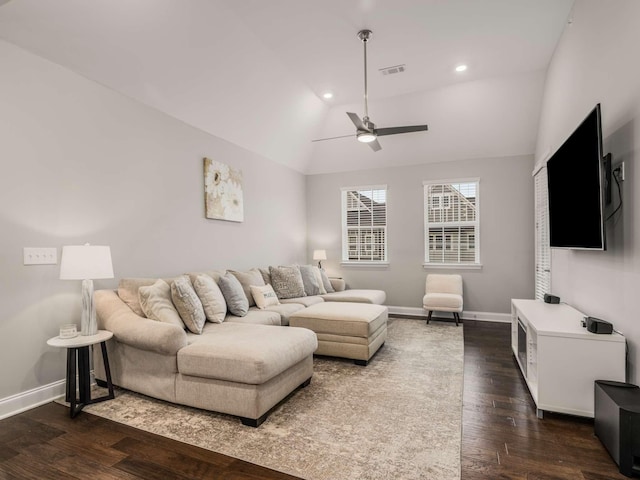 living room featuring lofted ceiling, recessed lighting, visible vents, baseboards, and dark wood-style floors