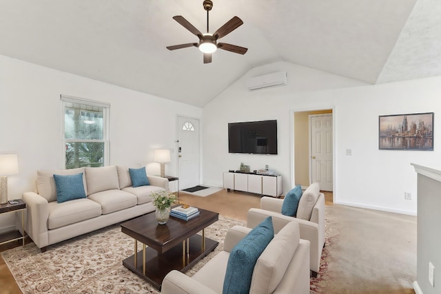 living area featuring lofted ceiling, a wall mounted AC, a ceiling fan, and baseboards