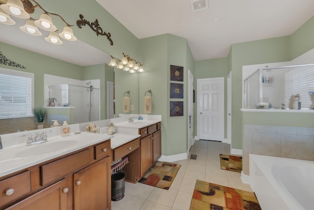 full bath with tile patterned floors, visible vents, vanity, a shower stall, and a bath
