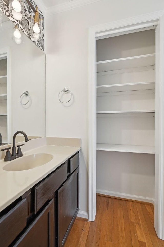 107 Sylvan Glen Ct, Nashville, TN 37209 - bathroom with ornamental molding, vanity, baseboards, and wood finished floors