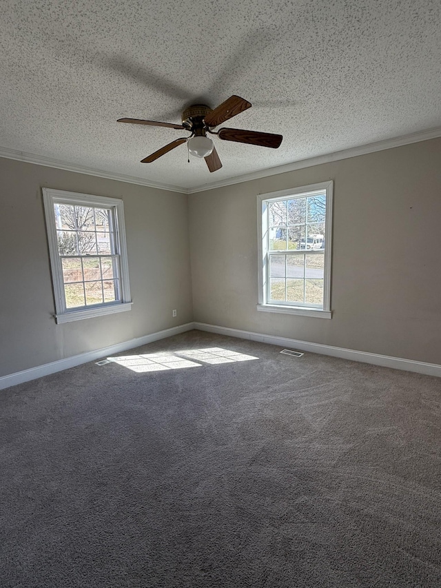 carpeted empty room with visible vents, plenty of natural light, a textured ceiling, and ornamental molding