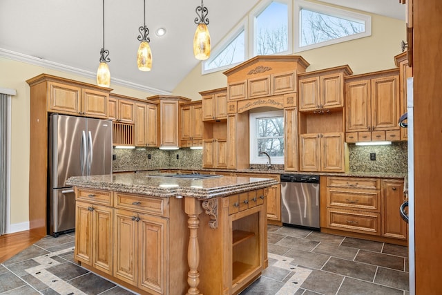kitchen with a kitchen island, appliances with stainless steel finishes, a sink, open shelves, and a wealth of natural light