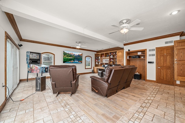 living room featuring crown molding, visible vents, stone finish floor, ceiling fan, and baseboards