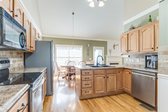 kitchen featuring light wood finished floors, tasteful backsplash, appliances with stainless steel finishes, a peninsula, and a sink