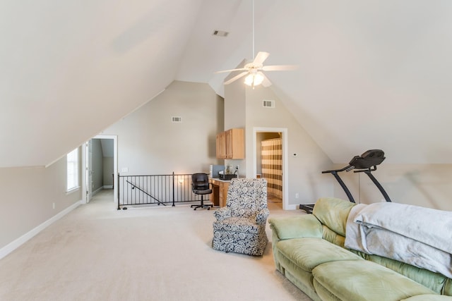 living room with light carpet, visible vents, baseboards, and lofted ceiling