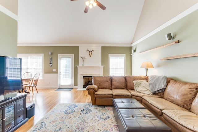 living room featuring light wood-style floors, plenty of natural light, high vaulted ceiling, and a premium fireplace