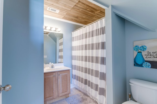 bathroom featuring visible vents, toilet, wooden ceiling, ornamental molding, and vanity