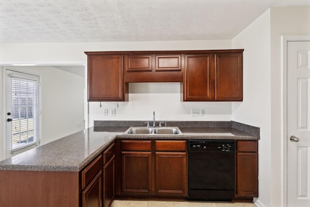 kitchen with black dishwasher, a sink, a textured ceiling, and a peninsula