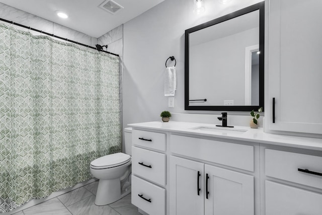 bathroom featuring visible vents, toilet, a shower with curtain, marble finish floor, and vanity