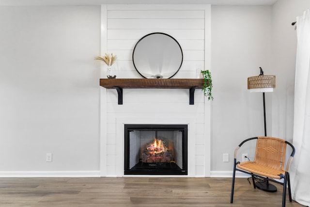 room details with a fireplace, wood finished floors, and baseboards