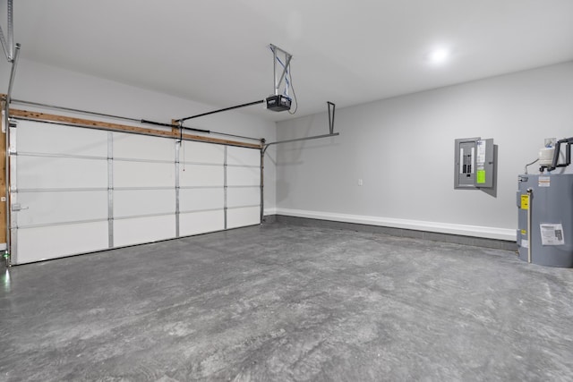 garage featuring water heater, electric panel, baseboards, and a garage door opener