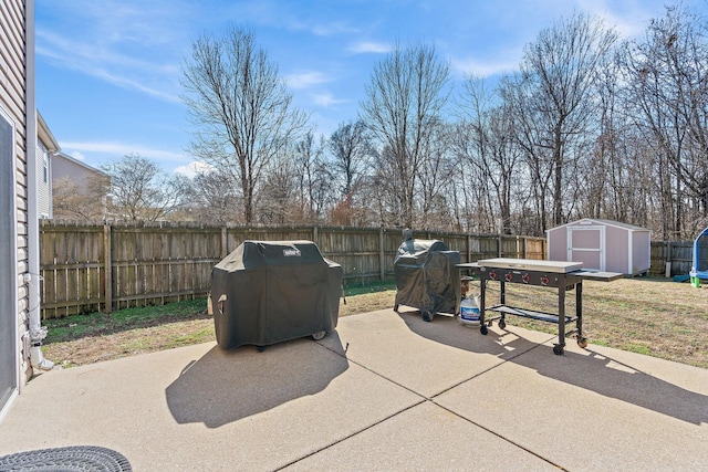 view of patio / terrace featuring a storage shed, grilling area, a fenced backyard, and an outdoor structure