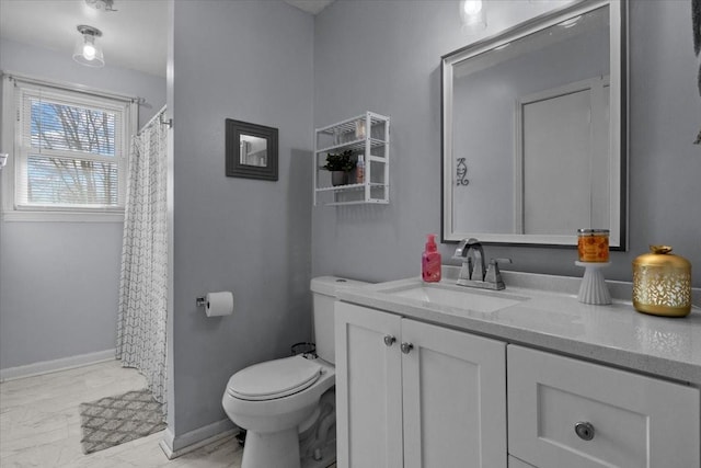 full bath with toilet, vanity, baseboards, marble finish floor, and a shower with curtain