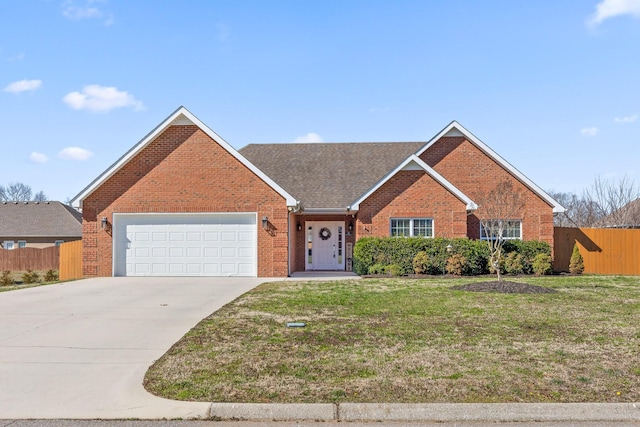 single story home with an attached garage, a front yard, fence, and brick siding