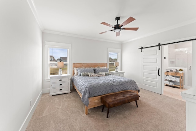 bedroom with light carpet, a barn door, and crown molding