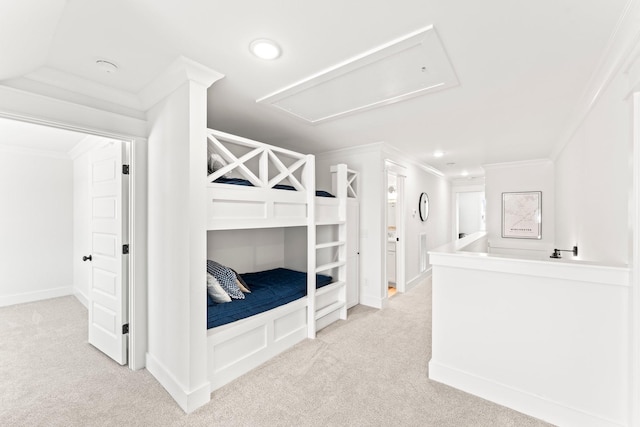 bedroom with recessed lighting, crown molding, and light colored carpet