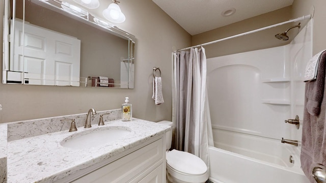 full bath with toilet, shower / bathtub combination with curtain, and vanity