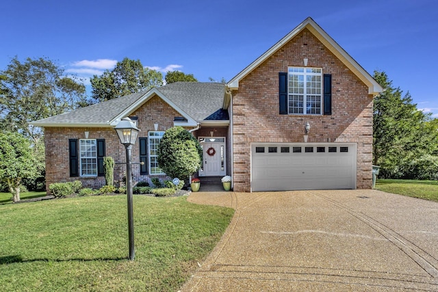 view of front facade with brick siding, roof with shingles, a front yard, a garage, and driveway