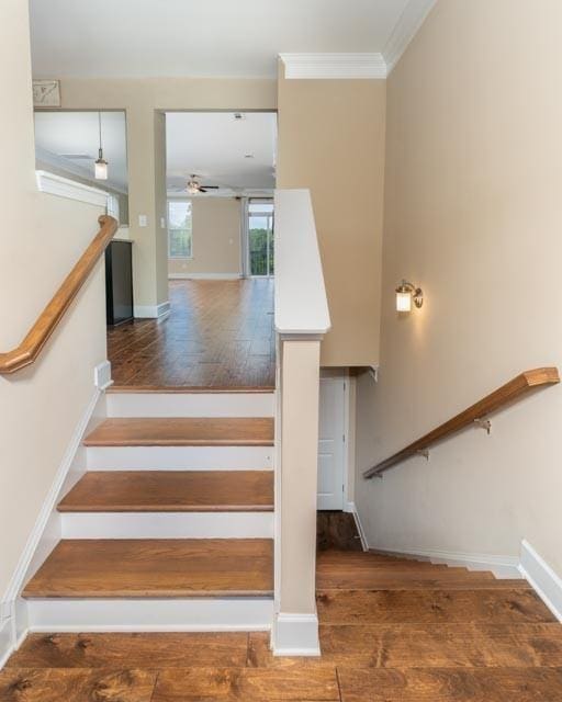 stairs with a ceiling fan, wood-type flooring, ornamental molding, and baseboards