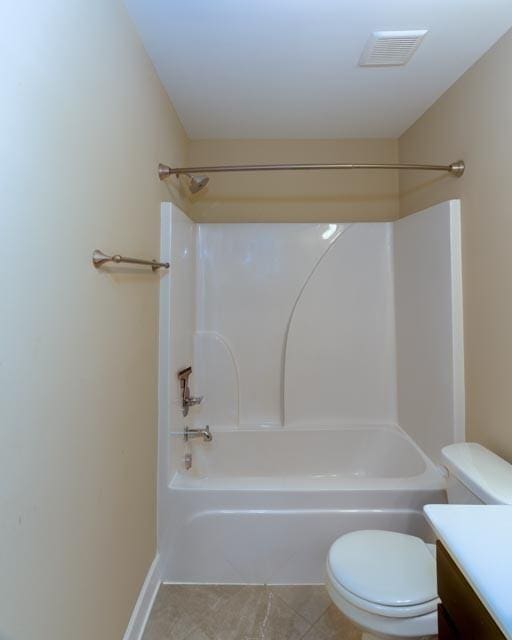 full bathroom with tile patterned flooring, toilet, bathing tub / shower combination, vanity, and visible vents