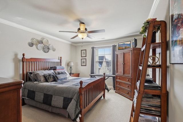 bedroom with a ceiling fan, light carpet, and crown molding