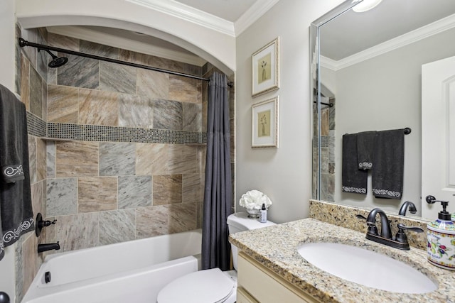 full bathroom featuring vanity, shower / bath combo with shower curtain, toilet, and crown molding