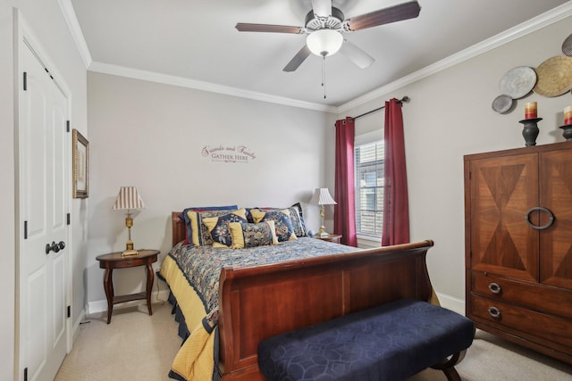 bedroom with baseboards, ornamental molding, ceiling fan, and light colored carpet