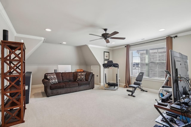 workout room featuring ornamental molding, carpet, recessed lighting, and baseboards