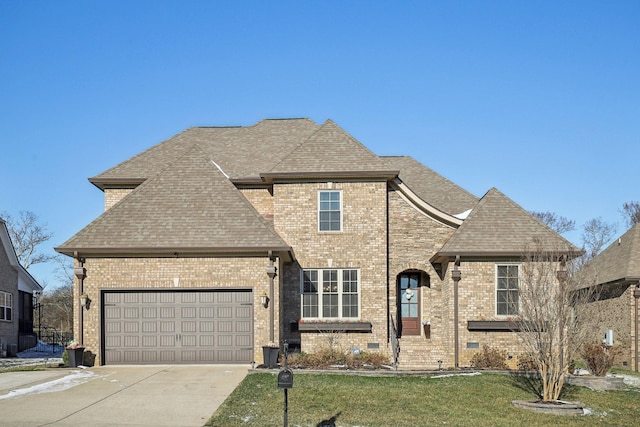 french provincial home with crawl space, brick siding, a front yard, and roof with shingles