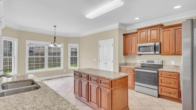 1108 City View Ter, Chattanooga, TN 37421 - kitchen with stainless steel appliances, light tile patterned floors, brown cabinetry, hanging light fixtures, and a center island