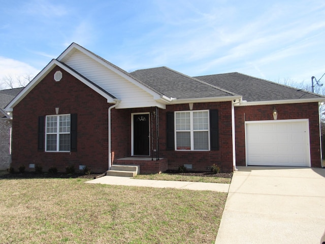 ranch-style house featuring crawl space, a shingled roof, a front lawn, and brick siding