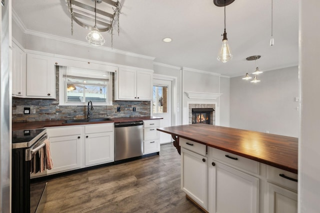 kitchen featuring butcher block countertops, crown molding, a sink, and appliances with stainless steel finishes