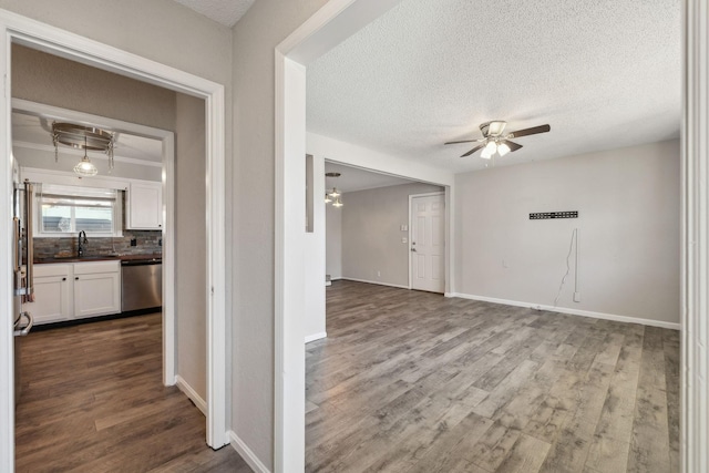 empty room with a textured ceiling, wood finished floors, a sink, a ceiling fan, and baseboards