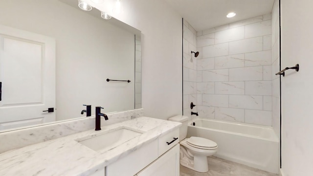 full bath featuring toilet, shower / bathtub combination, recessed lighting, and vanity