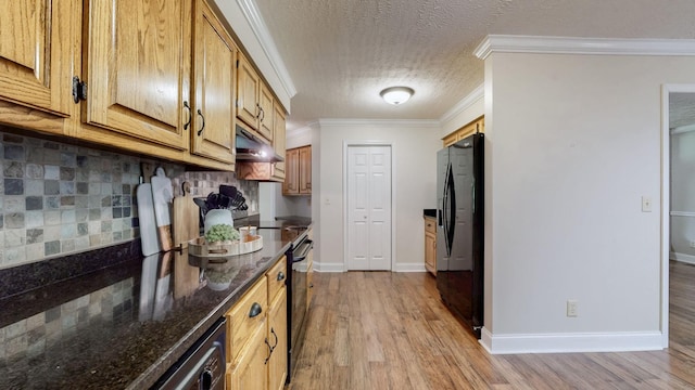 830 Motlow College Rd, Normandy, TN 37360 - kitchen featuring black fridge, light wood-style flooring, backsplash, under cabinet range hood, and dark stone counters