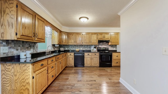 830 Motlow College Rd, Normandy, TN 37360 - kitchen with black appliances, under cabinet range hood, dark countertops, light wood-type flooring, and crown molding