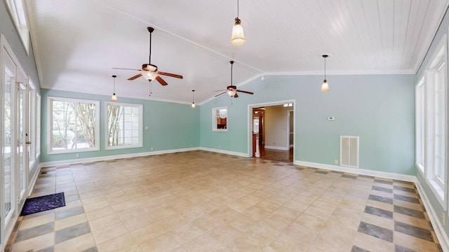 830 Motlow College Rd, Normandy, TN 37360 - unfurnished living room with a ceiling fan, lofted ceiling, light tile patterned floors, and ornamental molding