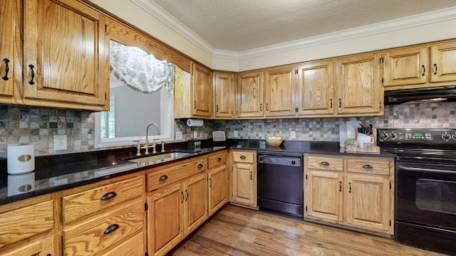 830 Motlow College Rd, Normandy, TN 37360 - kitchen featuring black appliances, ventilation hood, ornamental molding, decorative backsplash, and light wood-type flooring