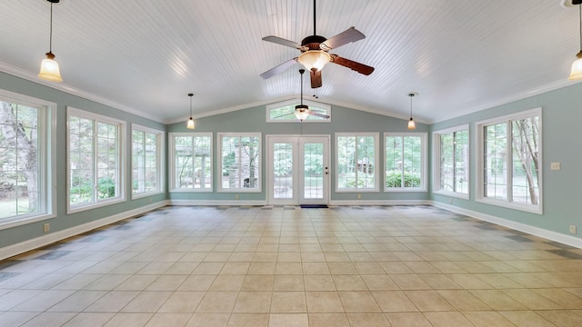 830 Motlow College Rd, Normandy, TN 37360 - unfurnished sunroom featuring vaulted ceiling, french doors, crown molding, and tile patterned flooring