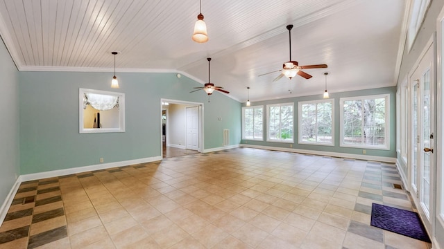 830 Motlow College Rd, Normandy, TN 37360 - unfurnished living room with light tile patterned floors, crown molding, a ceiling fan, and lofted ceiling