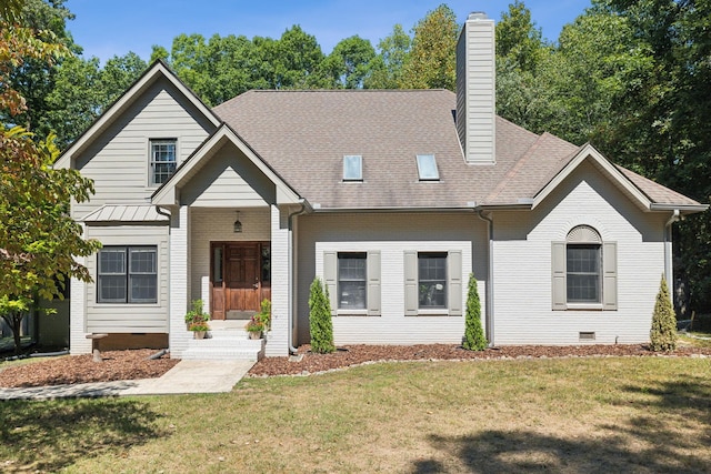 view of front of property featuring crawl space, a chimney, and brick siding