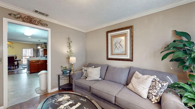 living area featuring a textured ceiling, wood finished floors, visible vents, baseboards, and crown molding