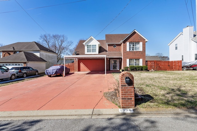 view of front of house with driveway, a garage, fence, and brick siding