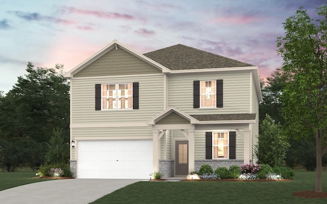 craftsman-style house featuring a garage, concrete driveway, a lawn, and a shingled roof