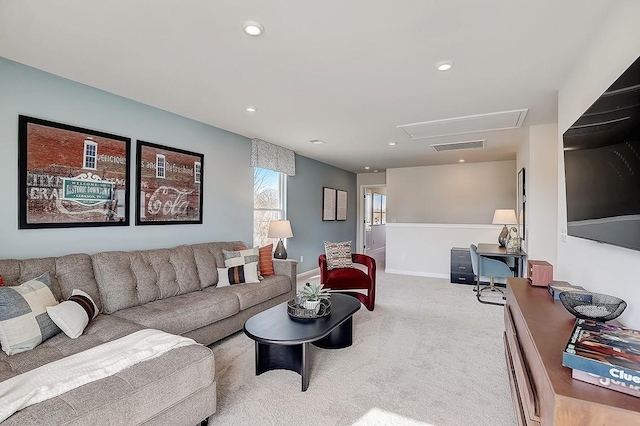 living room featuring carpet floors, recessed lighting, visible vents, and baseboards