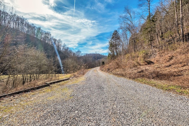 view of road featuring a forest view