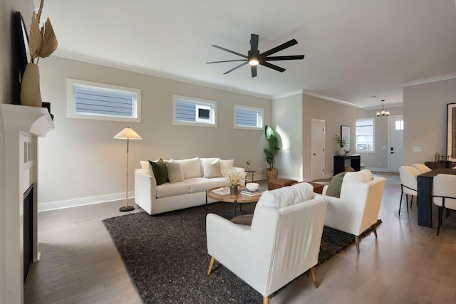 living room featuring crown molding, a fireplace, and wood finished floors