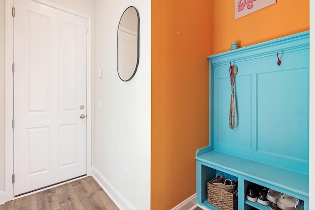 mudroom with baseboards and wood finished floors