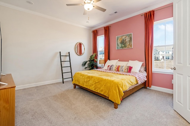 bedroom with carpet, visible vents, ornamental molding, and baseboards